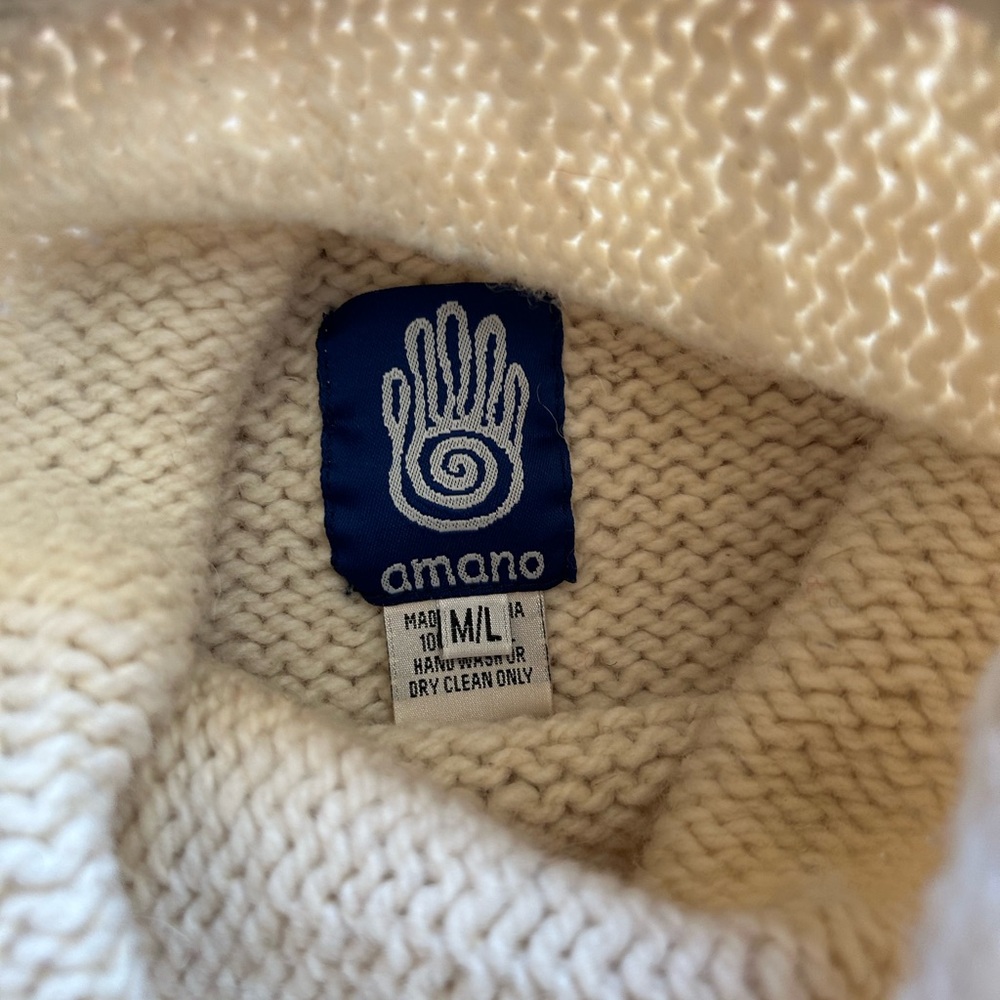Amano 100% Wool Hand-Knit Funnel Neck Sweater Cream w/ Colorful Accents Size M/L - Picture 6 of 13